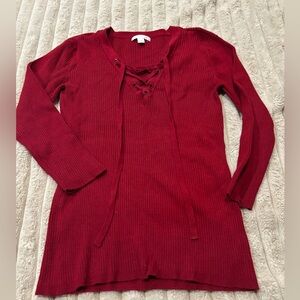 Lace-Up Ribbed Knit Sweater Tunic - Red New York & co